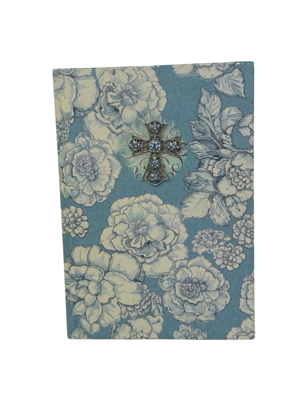 Blue Floral Decorative Journal with Rhinestone Cross Accent